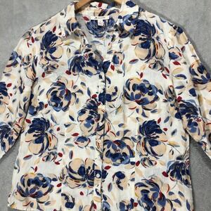 JM Collection Floral Print Button-Up Top Tie Sleeve Linen Blend Size 12‎